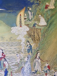 Chinese school, ink and color on canvas: 'Mountainous landscape with goddesses, mythical animals and boys', 19/20th C.